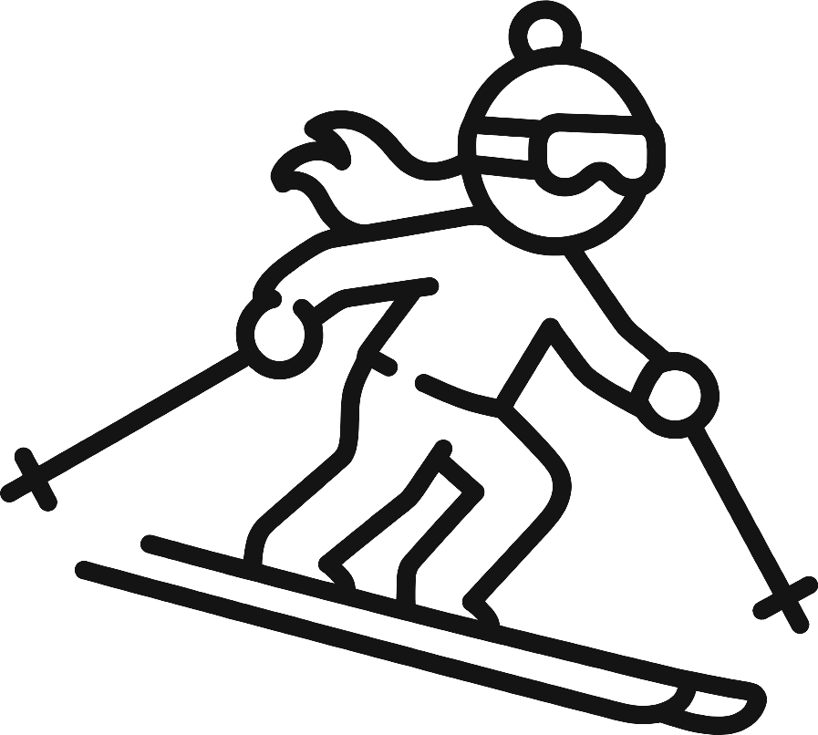 A tiny skier figure mid-slalom on skis, leaning forward with ski poles, dynamic motion lines trailing behind, minimalist flat vector illustration, clean black and white line art, character wearing dotted clothes, transparent background, no background shape, UI web asset style, simple, elegant, no shading, dynamic side-view action pose