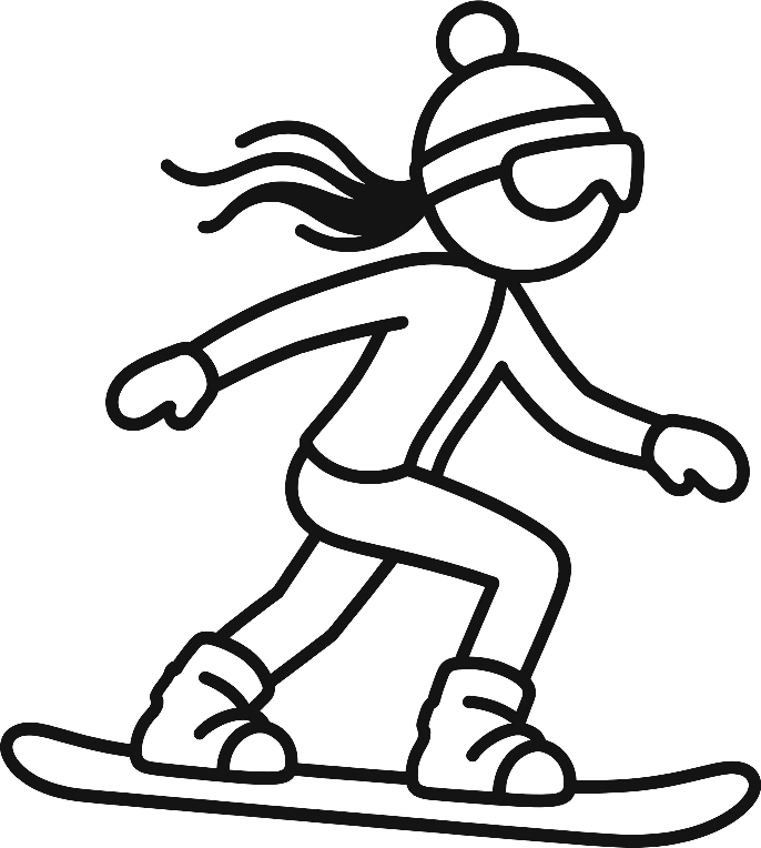 A tiny snowboarder figure carving on a snowboard, arms out for balance, dynamic motion lines trailing behind, minimalist flat vector illustration, clean black and white line art, character wearing dotted clothes, transparent background, no background shape, UI web asset style, simple, elegant, no shading, dynamic side-view action pose